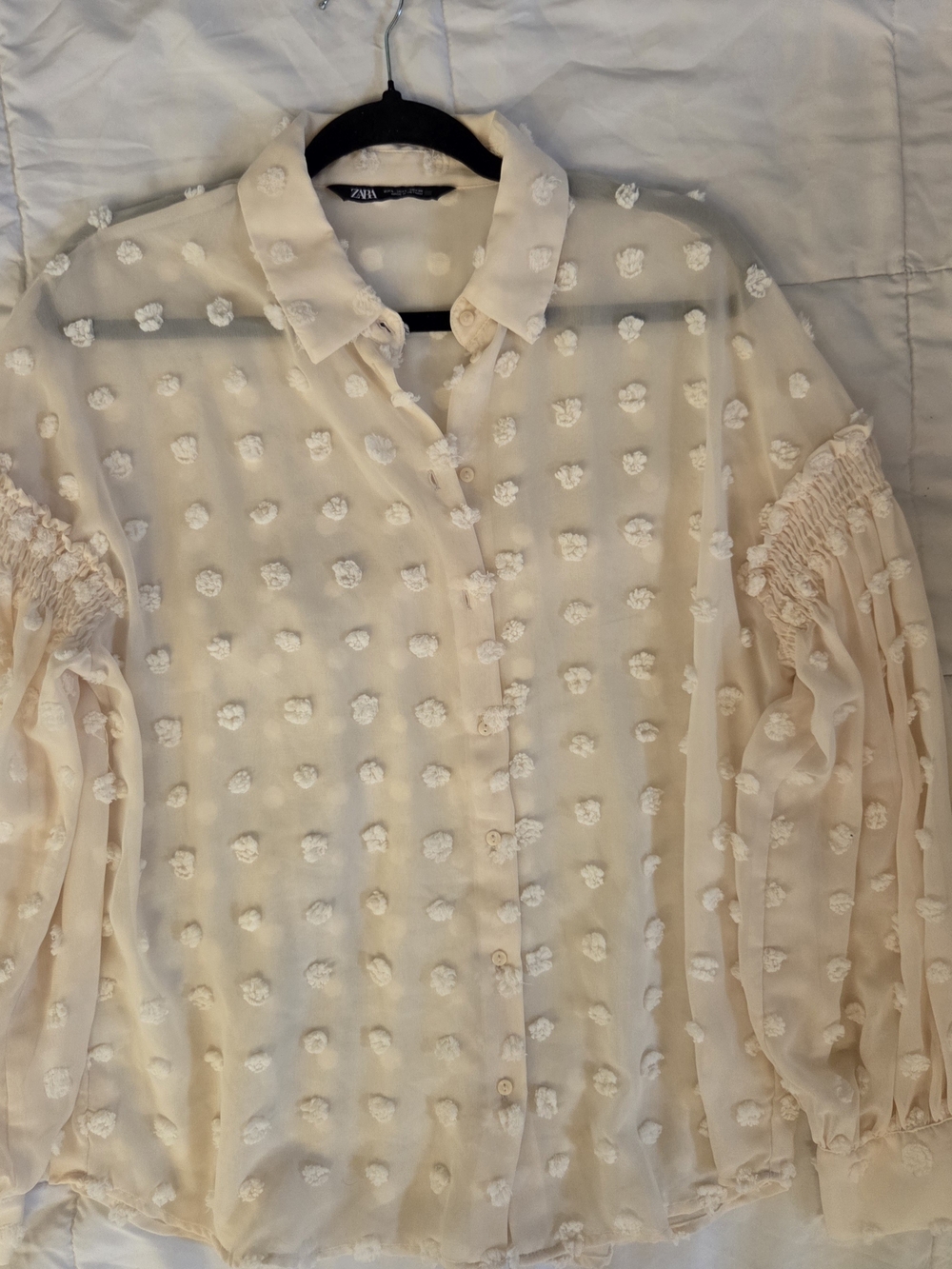 Zara Cream Textured Swiss Dot Button-Up Blouse